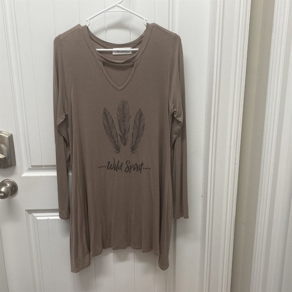 Tunic My Land Wild Spirit Feather V Neck Keyhole Size Medium Rayon Western Boho